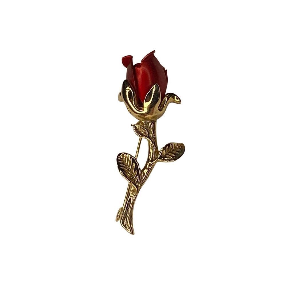 Vintage Red Rose Flower Brooch Gold Tone Enamel Pin Floral Jewelry Gift Women